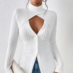 White Mock Neck Cut Out Front Button Ribbed Knit 2 In 1 Tee